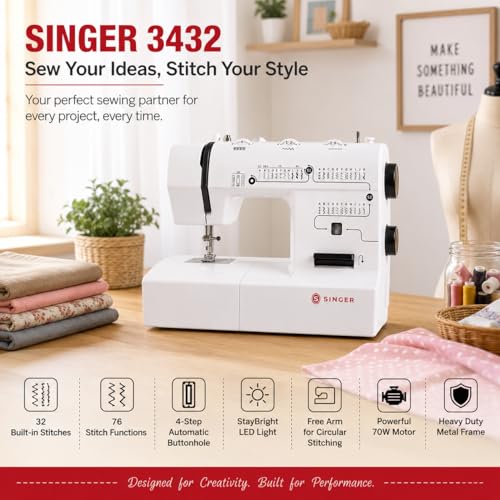 Image of SINGER 3432 Sewing Machine | 32 Built-in Stitches, 76 Stitch Functions | Adjustable Stitch Length & Width (5mm) | 4-Step Buttonhole | Heavy Duty Metal Frame | LED Light | 70W Motor