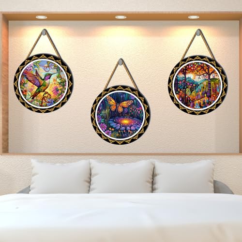Image of GENXTRA Set of 3 Round Wooden Wall Hanging Decor | Vibrant Nature Art with Hummingbird, Butterfly & Fantasy Garden | Decorative Wall Art for Living Room, Bedroom & Office | Ideal Diwali & Housewarming Gift