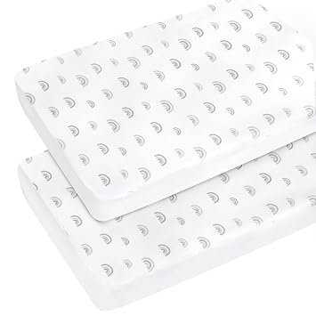 Pack and Play Sheets Boy Girl, 2 Pack Portable Playard Sheet Fits for Graco Pack N Play, Snug Fit Breathable Soft Fitted Playpen Sheet, Mini Crib Sheets, Gray Rainbow
