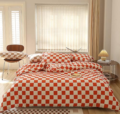 Image of KAREVER Orange White Grid Comforter Set Full Burnt Orange Plaid Bedding Set Girls Reddish White Checkered Bed Blanket Set Kids Breathable Durable Bedding Comforter Set