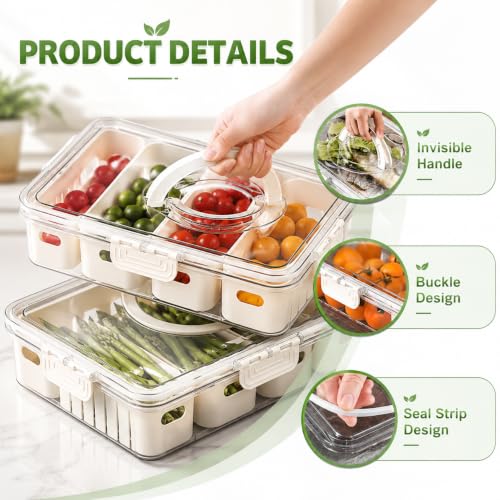 Image of JD Fresh Pack of 2 Fridge Storage Boxes with 4 Removable Serving Veggie Tray /Divided Plastic Fridge Organizer with Lid & Handle /Airtight Fridge Storage Container for Fruits,Vegetables &Kitchen Storage