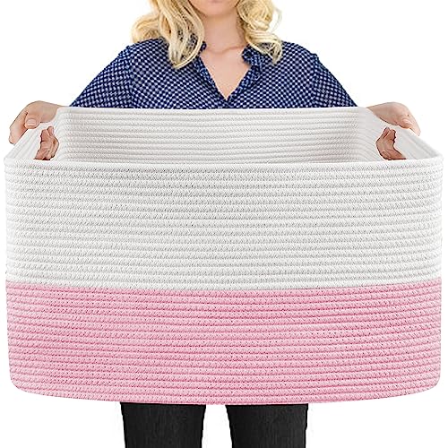 Image of MEGASKET Large Pink Storage Basket, 22" x 17" x 12" Rectangle Cotton Rope Bin for Organizing, Woven Blanket storage for Living Room, Kids Toy Bin Box, Decorative Nursery Storage, Pink Room Decor