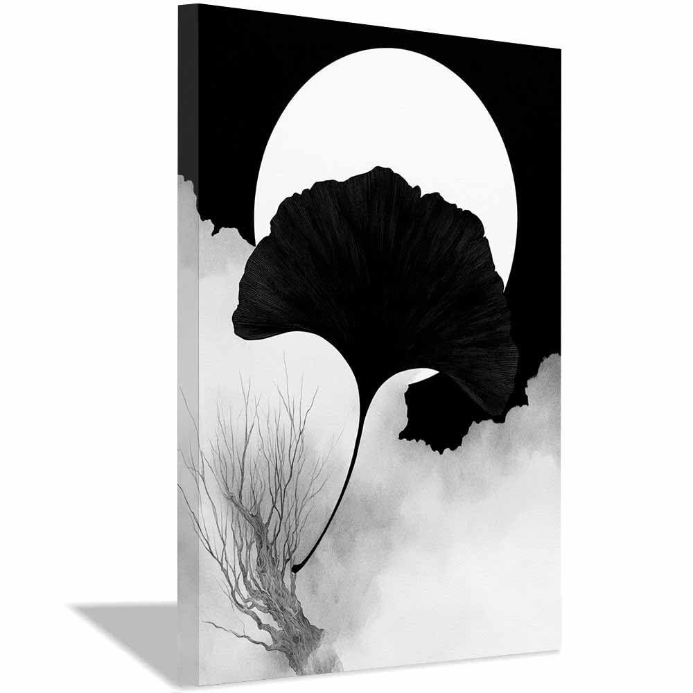 HOQIU Black Grey And White Wall Art Ginkgo Moon Minimal Art canvas wall art, painting and decor, for Living Room Bedroom Home Decoration(Multicolor)-60x80cm Framed