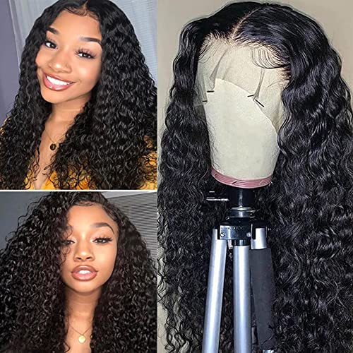 16 inch HD Transparent T-Part Lace Front Wigs Water Wave Wig Brazilian Virgin Human Hair Wigs13X4X1 Lace Closure Wig For Black Women 150% Density Pre Plucked with Baby Hair Natural Color