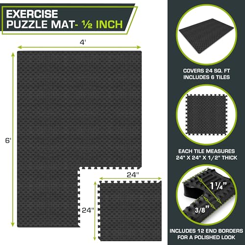 Image of ProsourceFit Exercise Puzzle Mat -inch, Checkered EVA Foam Floor Tiles w /Non-Slip Texture, Interlocking Design for Adjustable Gym Surfaces, Shock Absorbing, Black, 24 Sq Ft - 6 Tiles