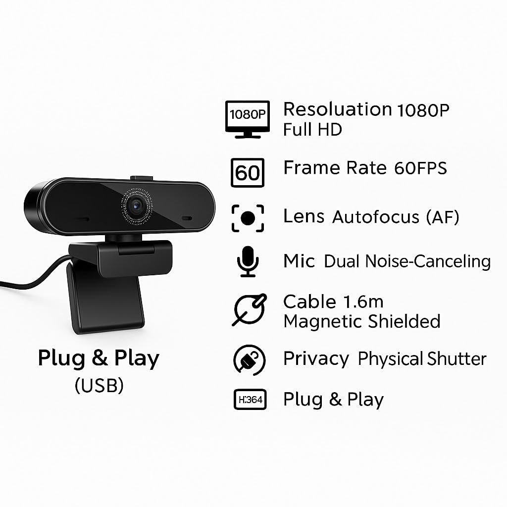 60FPS Business Conference Webcam,Autofocus with HDR,Dual Noise-Canceling Microphones,Privacy Cover,H.264 USB &Play