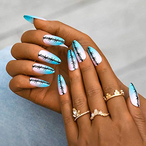 Woeoe Long Stiletto Fake Nails Tips Blue Ombre Acrylic Press on Nails Glossy Full Cover Clips False Nails for Women and Girls (Pack of 24)
