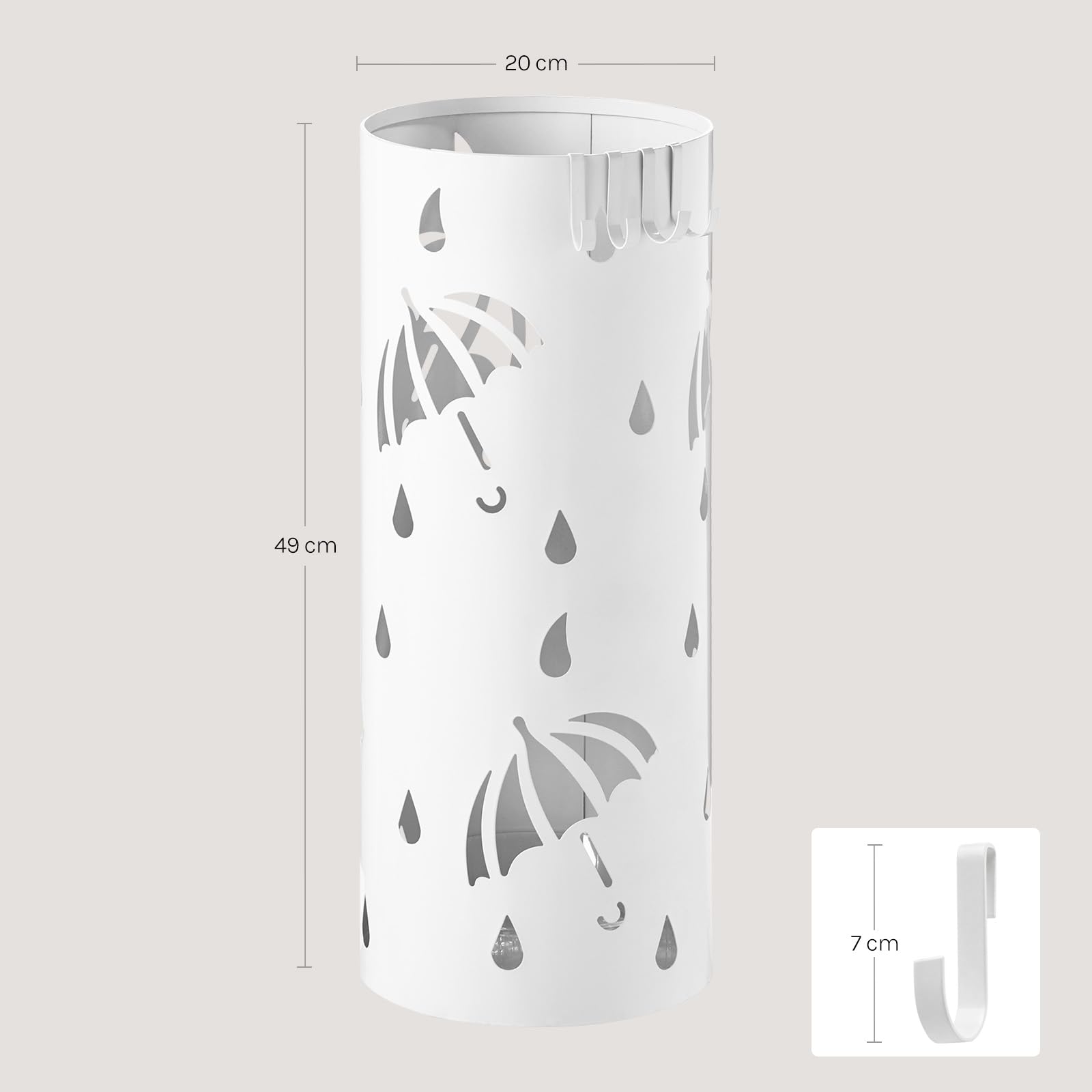 WOLTU Paragüero de Diseño Redondo Soporte Paraguas con Ganchos y Plato de Plastico, Bandeja Recogegotas 20x 49 cm Blanco SST01ws