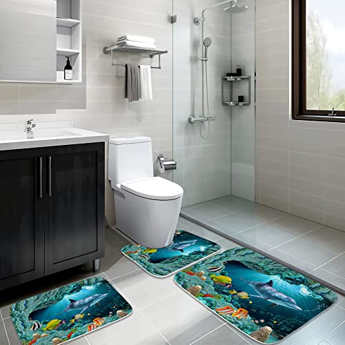 Unterwasser Ozeantiere Korallen Fisch und Delfin Badezimmer Teppiche und Matten Sets 3-teilig, Memory Foam Badematte, U… – Bild 3