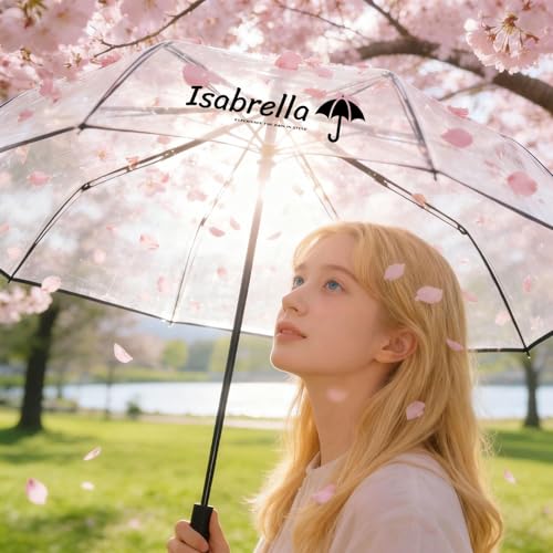 Image of ISABRELLA Clear Folding Umbrella for Rain & Sun Protection, Transparent Compact Umbrella for Women, Windproof Lightweight Travel Umbrella for Outdoor, Commute