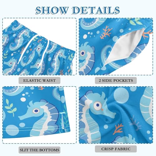Boys Athletic Shorts with Pockets Blue Cartoon Seahorse Running Basketball Shorts for Youth Elastic Waist Size 7-8 6