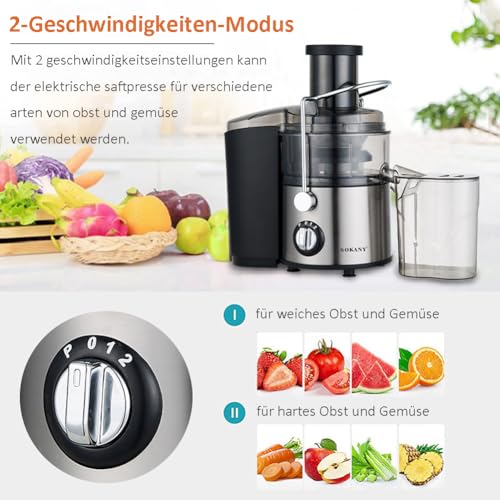 800W Entsafter Gemüse und Obst, Quick Juicer mit optimierter Saftausbeute, Große 65 mm Einfüllöffnung, 2 Geschwindigkeitsstufen, Einfach zu Reinigen, Schwarz/Edelstahl – Bild 4