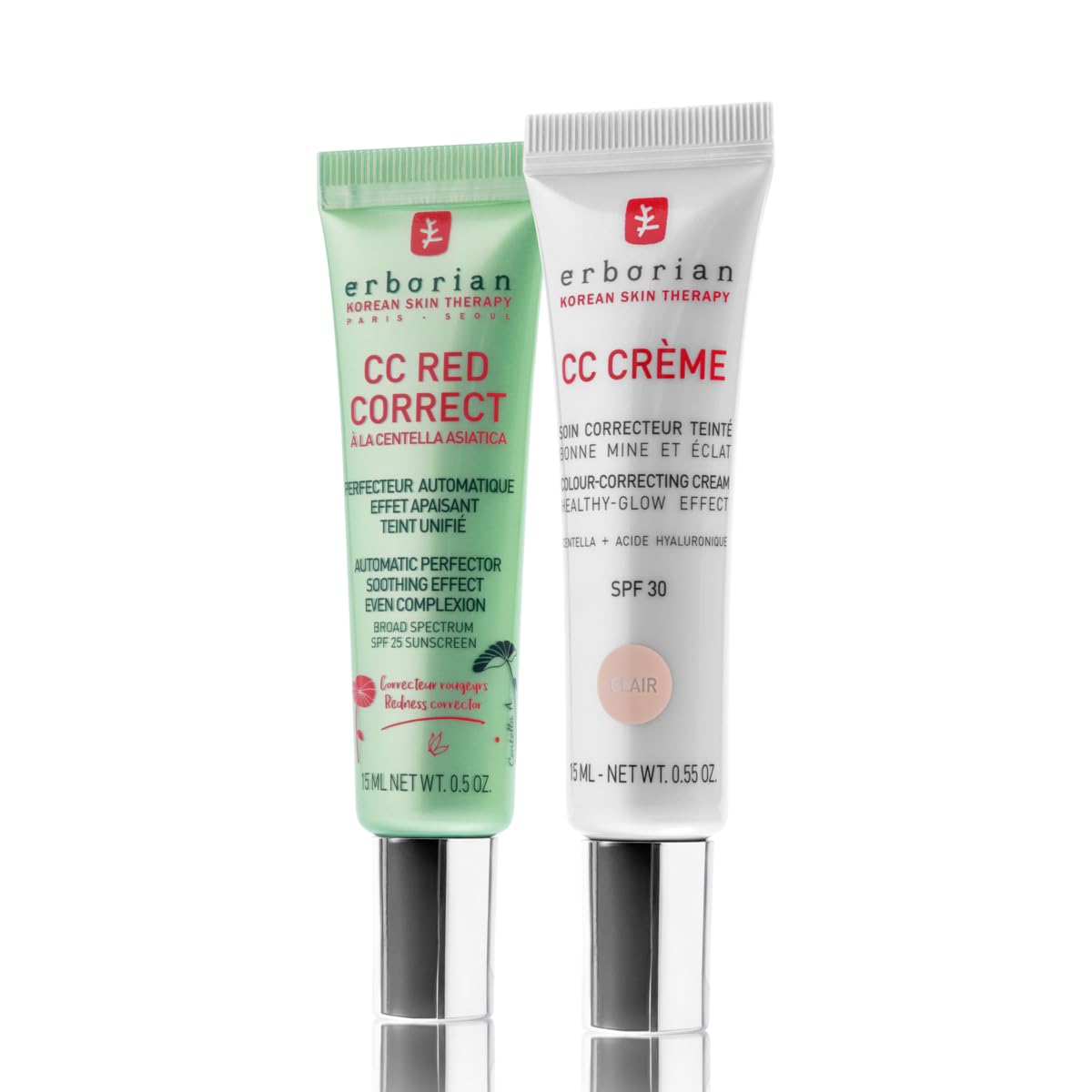 Erborian - Set mit 2 Produkten: 1 CC Cream mit Centella Asiatica - 15 ml - Clair + 1 CC Red Correct mit Centella Asiatica - 15 ml - Koreanische Kosmetik