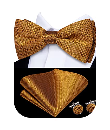 Image of Hi-Tie Bronze Pre-Tied Bowties for Men Silk Geometric Clip On Mens Bowtie Pocket Square Cufflinks Set for Wedding Party