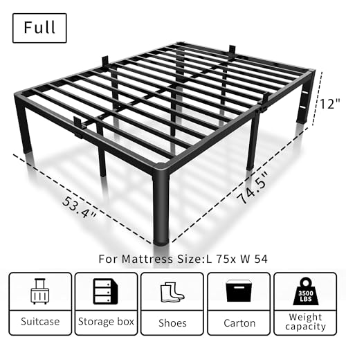 ROIL 12 inch Full Size Bed Frame with Headboard Hole and Round Corner Legs Mattress Retainers 3500LBS Heavy Duty Steel Slats No Box Spring Needed Platform Noise-Free Underneath Storage