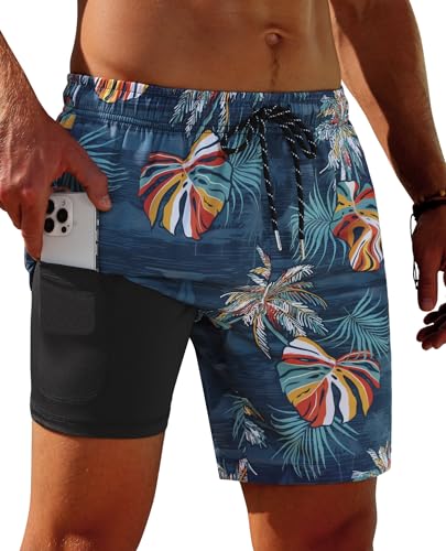 Image of Gleeease 7inch Mens Swim Trunks 2 in 1 with Compression Liner Pockets Drawstring Quick Dry Stretch Lined Funny Beach Pool