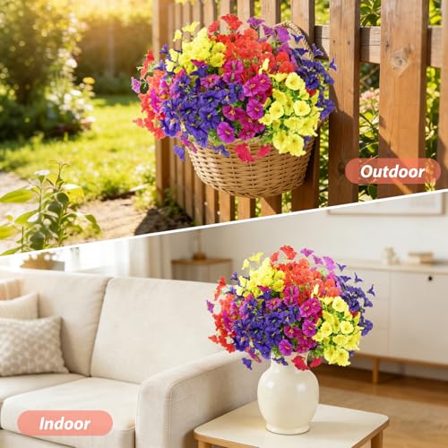 Image of 12 Bundles Artificial Flowers for Outdoors, Fake Silk Morning Glory(Mix) | Artificial Flowers UV Resistant Faux Eucalyptus Plants for Summer Home Garden Balcony Yard Porch