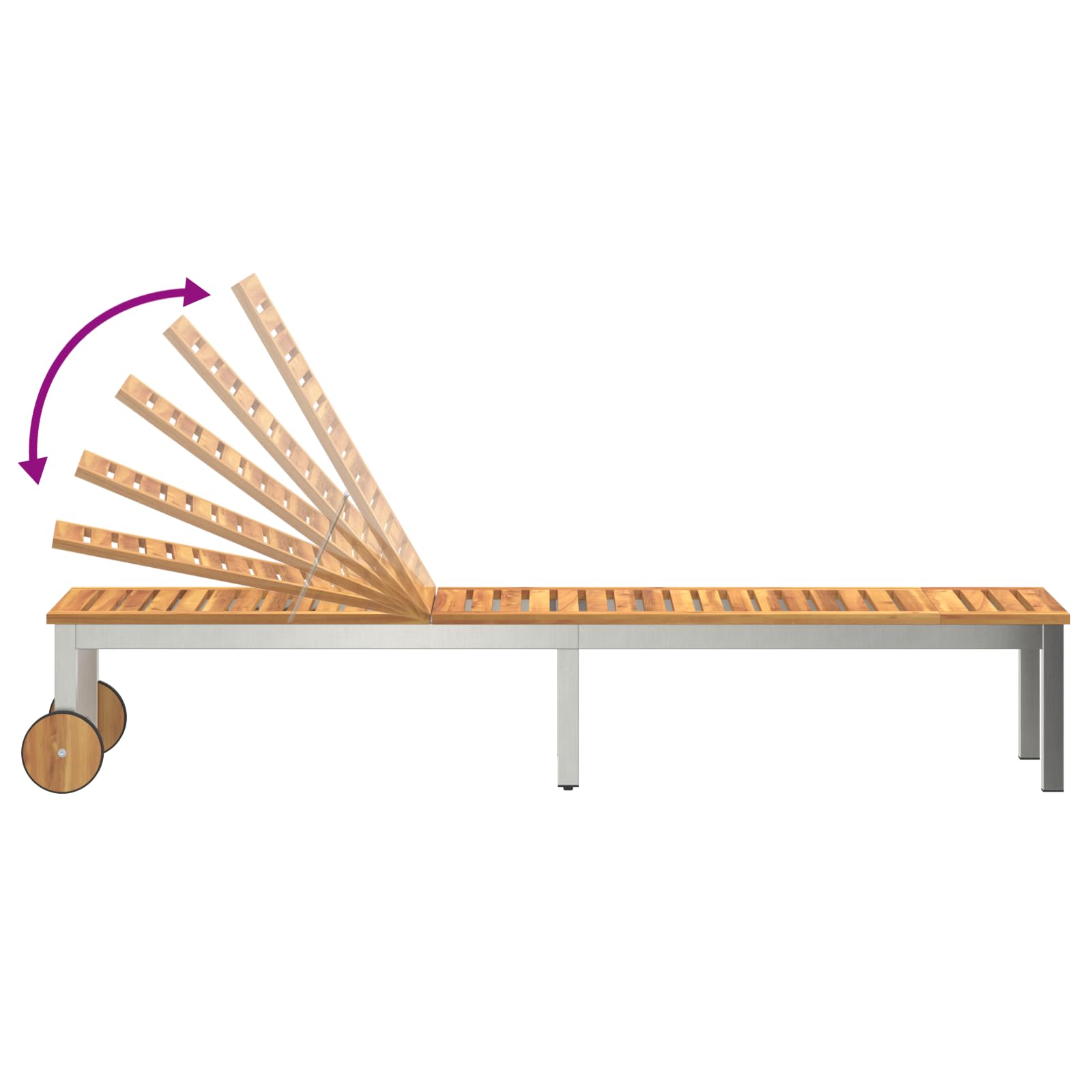 Lettino prendisole con ruote in legno massello di acacia e acciaio inox, schienale regolabile, resistente alle intemperie e facile da spostare per giardino o balcone, design moderno, spazioso