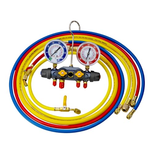Manómetro de Múltiple de Carga de 4 Válvulas Modelo 46013 con Mangueras de 60 pulgadas para Refrigerantes R404A/R410A/R22 | Juego de Manómetros HVAC y Prueba de 4 Válvulas miniatura 2