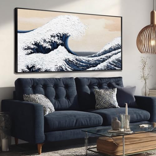 Image of VAYIMDH Blue Waves White Textured Wall Art Large Ocean Beach Wall Decor Pictures Vintage Poster Abstract Giant Waves Canvas Prints for Minimalist Living Room 24 inchx48 inch