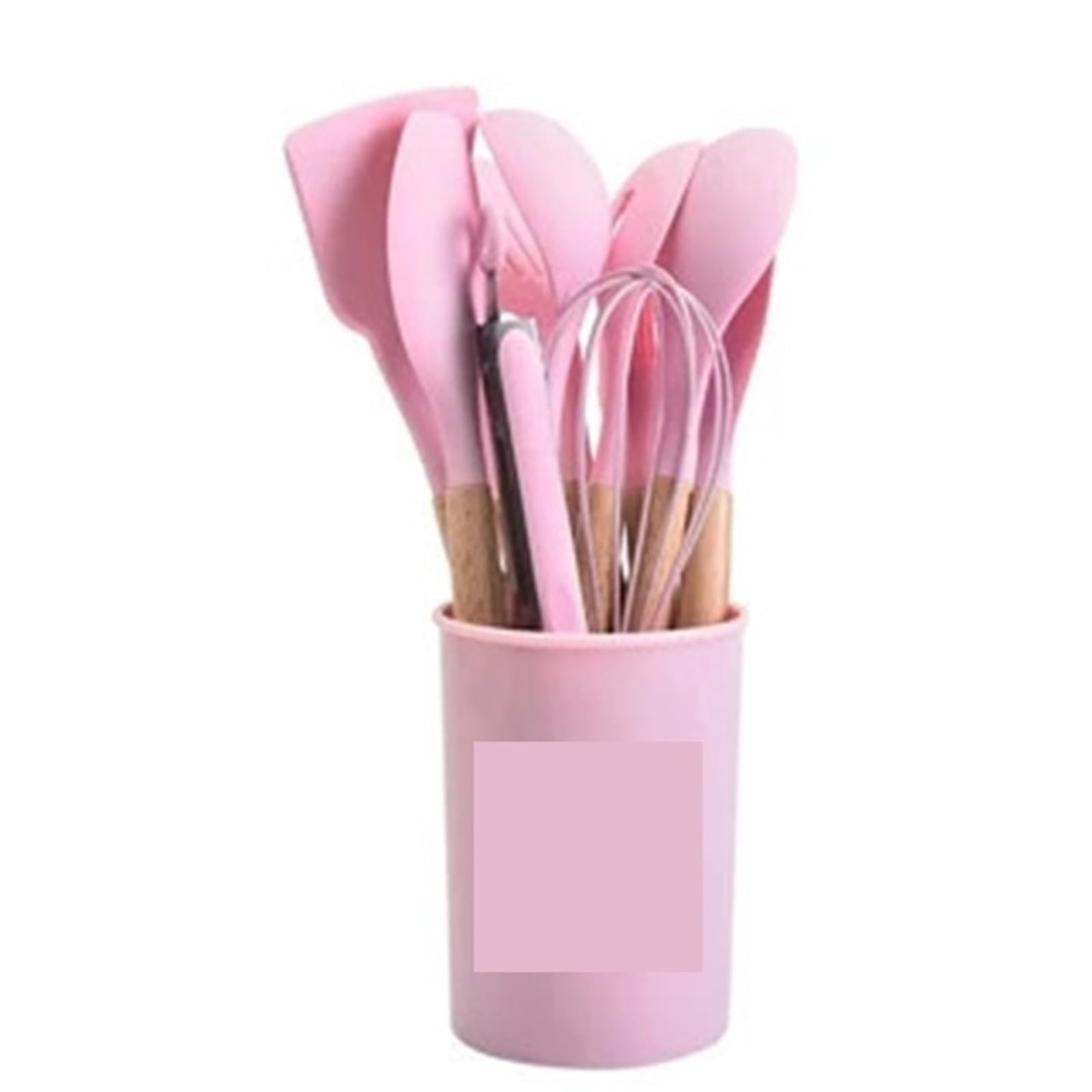 12 Uds. De utensilios de cocina silicona, mango madera for cocinar, olla antiadherente, juego, Cubo almacenamiento Para Cocina(Pink)
