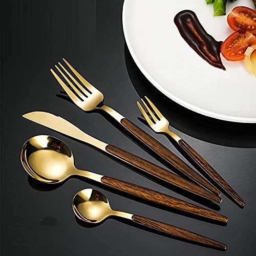 Image of aDai 10 pcs Golden Flatware Cutlery Set - Stainless Steel with Wooden Handle Tableware Set - 4 Spoons, 4 Forks & 2 Steak Knife