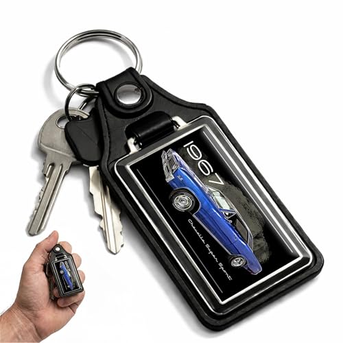Image of Brotherhood 1967 Compatible with Chevelle Super Sport Royal Blue Design Faux Leather Key Chain Key Ring - Key Chains for Women and Key Chains Men for Classic Retro Cars