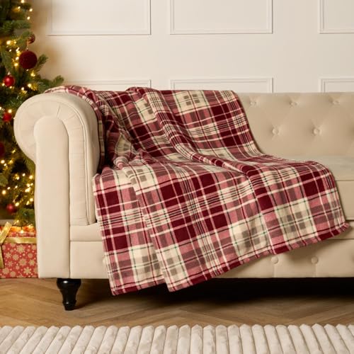 OHS Christmas Blanket Red Throws for Sofa Xmas Decorations Ultra Soft Warm Tartan Check Sherpa Fleece Blanket for Bed Settee Sherpa Reverse Christmas Throw Single Bed Throws 125 x 150cm