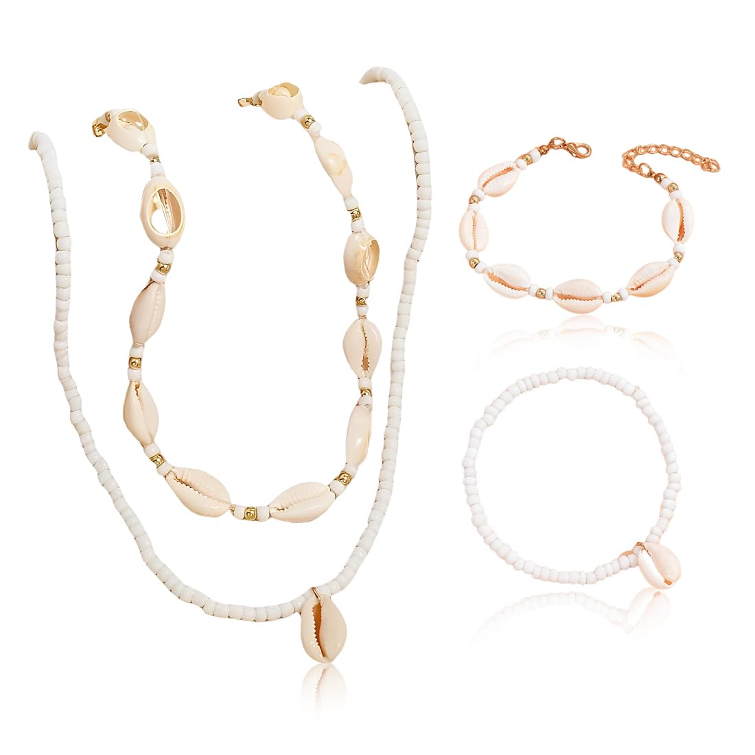 QOWUXHZ Collar Conchas Mujer 4 Pcs Collar De Conchas Y Pulsera De Conchas Set De Joyas Gargantilla Pulseras De Gargantilla De Concha Collar De Concha Natural Ajustable Playa Cowrie Seashell Beads