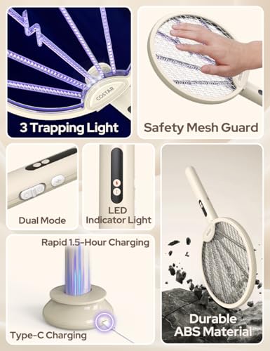 Image of CostarMatter Mosquito Killer Racket, Foldable Mosquito Bat with UV Light, 3400V, 2 in 1 Auto Mosquito Killer with Charging Base Stand, Electric Fly Swatter, Lithium-ion Battery, Beige