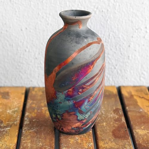Koban - Jarrón de cerámica Raku – RAAQUU Basics, cerámica Hecha a Mano, decoración del hogar, Carbono, Medio Cobre Mate
