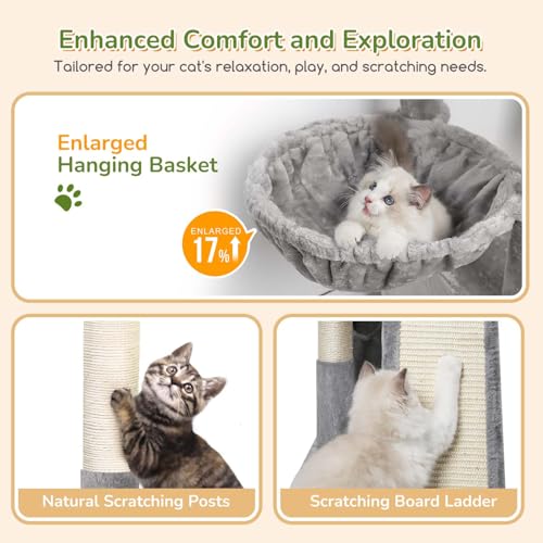Image of Globlazer Heavy Duty Cat Tree for Indoor Cats Large Adult, F52B, Light Grey | 3 Condos, Extra-Large Baseboard, Removable Top Perch, 4 Sisal Posts & Board, Hanging Basket, Anti-Topple Strap, Easy Setup