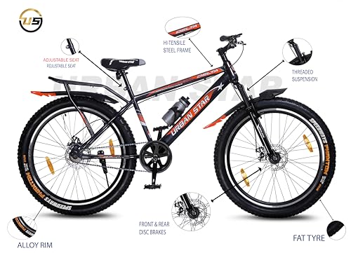 Image of URBANSTAR 26T Double Disc with Carrier - SEMI Fat Tyres 26 * 300 - Metalic Black 26 T SEMI Fat Tyre Cycle (Single Speed, Metallic Black, Only Front Suspension)