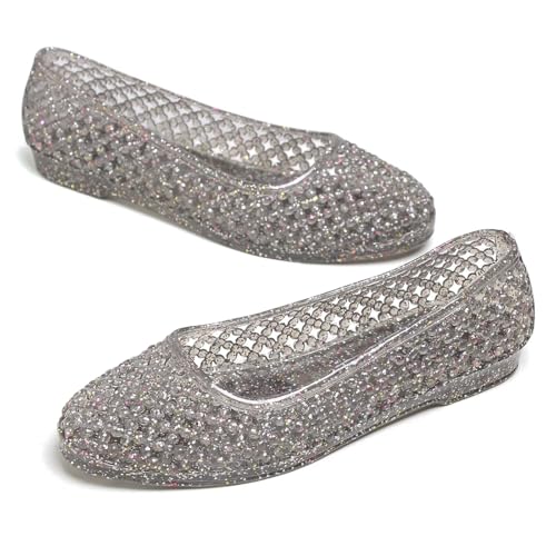Image of Stunner Women Beach Jelly Shoes Slip On Crystal Summer Hollow Ballet Flats | Summer Cool PVC Breathable Outdoor Indoor Dressy Flat Sandals for Holiday Shopping Spa Swimming Pool