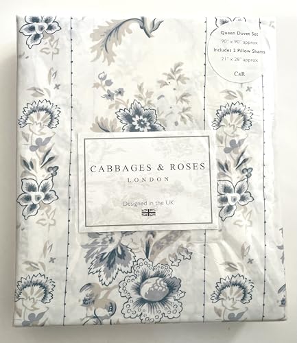 Image of Cabbages & Roses of London Luxurious Home Collection 100% Cotton Percale Crisp & Cool, Wrinkle Free Hotel Quality 3pc Duvet Set (India Rose Blue, Queen (U.S. Standard))