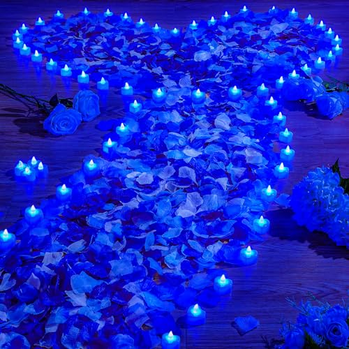 Image of Coume 6000 Pieces Artificial Rose Petal 72 Pieces LED Tealights Candle, Romantic Decorations Special Night Rose Petal Heart Candle for Valentines Wedding Anniversary Proposal Decor(Cute Blue Light)