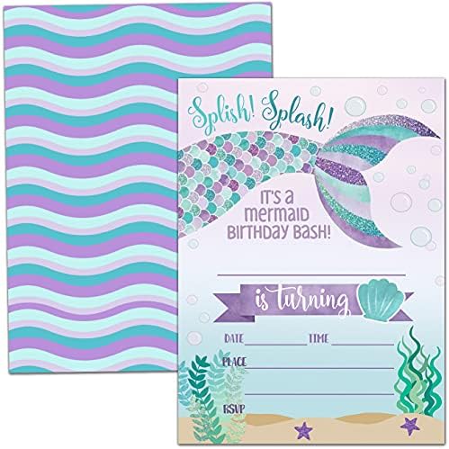 Amazon.com : Birthday Party Invitation Cards, Mermaid Party Celebration,  Splish Splash It's A Mermaid Birthday Bash Invite, Party Supplies, Favors,  20 Cards With 20 Envelopes – (meiRY03) : Home & Kitchen