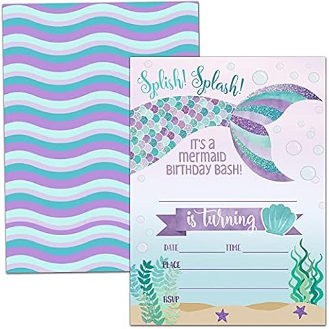 Nopoben Birthday Party Invitation Cards, Mermaid Party Celebration, Splish Splash It's A Mermaid Birthday Bash Invite, Party Supplies, Favors, 20 Cards With 20 Envelopes – (meiRY03) Cover