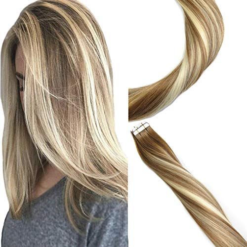 KOCONI Tape in Human Hair Extensions Virgin Remy Human Hair Extensions Tape Ombre Brown #6 to Light Blonde #60 Highlights Real Hair Tape in Extensions 20PCS 50g/Package (20", T6-60P6)