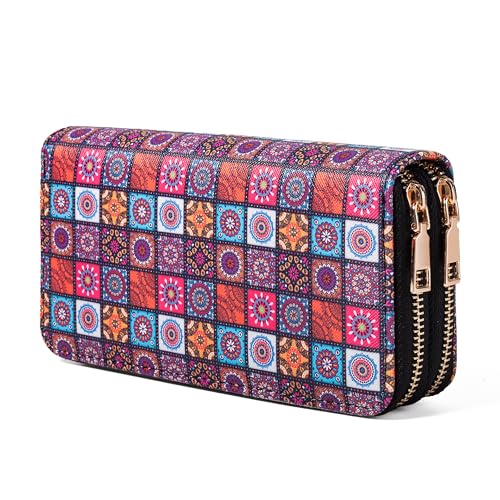 Image of Boho Double Zip Wallet for Women - Large Capacity Vintage Floral Card Holder with Smooth Zippers, Travel Friendly Clutch Purse for Cash, Coins and Phones