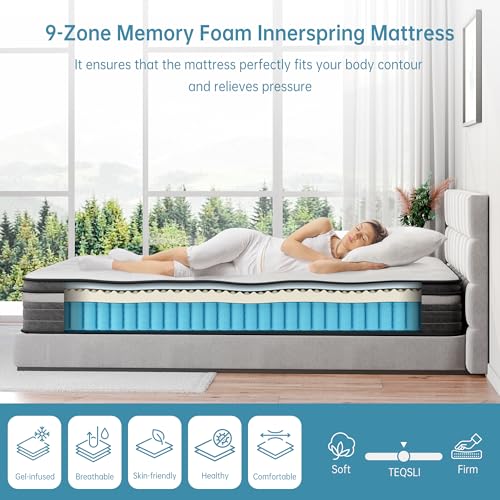 TeQsli Gel Individually Pocket Sprung King Mattress 5FT with Soft Fabric, 10 Inch Hybrid Mattress King for Pressure & Back Pain Relief, Medium Firm Mattress in a Box-150x200x25cm - 5