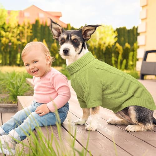 Image of BEAUTYZOO Dog Sweater for Small Medium Dogs, Knit Clothes with Harness Hole | Turtleneck Pullover Fall Winter Knitwear, Fuzzy Fleece Cold Weather Coat for Girl Boy Puppy, Warm Pet Sweatshirt, Green SM Tu