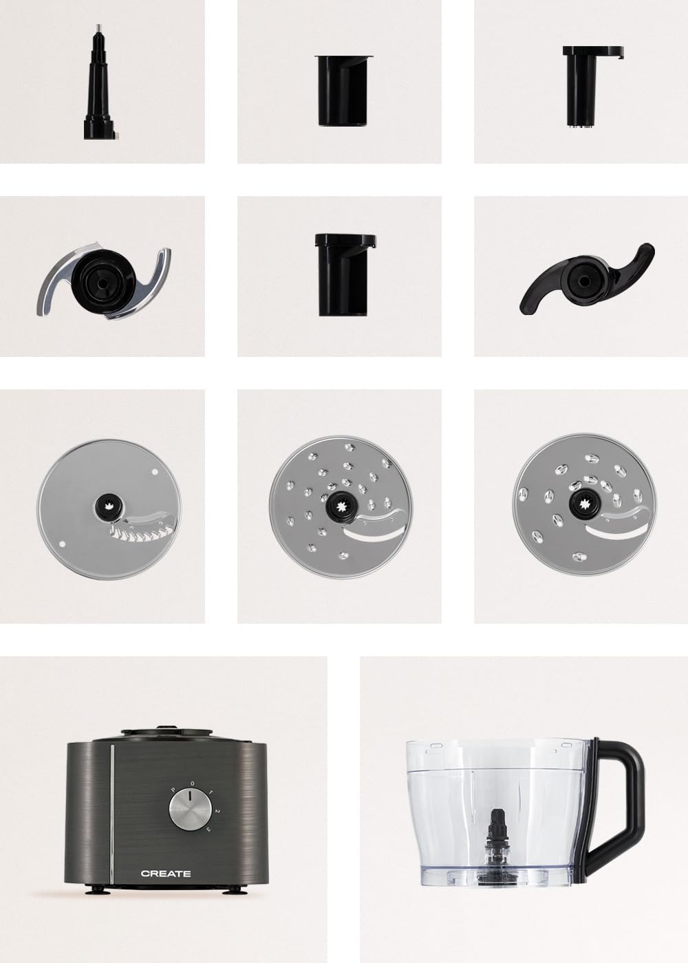 CREATE/CHEF CHOP/Procesador de alimentos gris/Robot de cocina multifunción, 10 modos, 3 velocidades, bol procesador 2L, cuchillas de acero inoxidable, 1100W