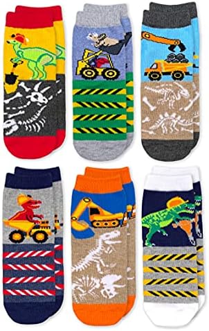 Jefferies Socks Boy's Dinosaur Construction Crew Socks 6 Pack, Multi, Medium