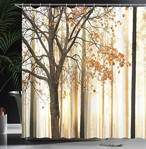 Ambesonne Autumn Shower Curtain, Fall Season Theme Picture Of A Forest Tree Leaves On An Abstract Woodland Background Print, Cloth Fabric Decor For Bathroom Set With Hooks, 69" W X 70" L, Orange Brown #TOP2