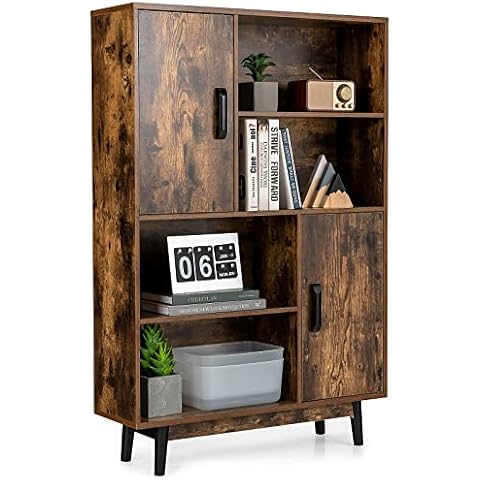 COSTWAY Wooden Bookcase with Storage Doors Cover