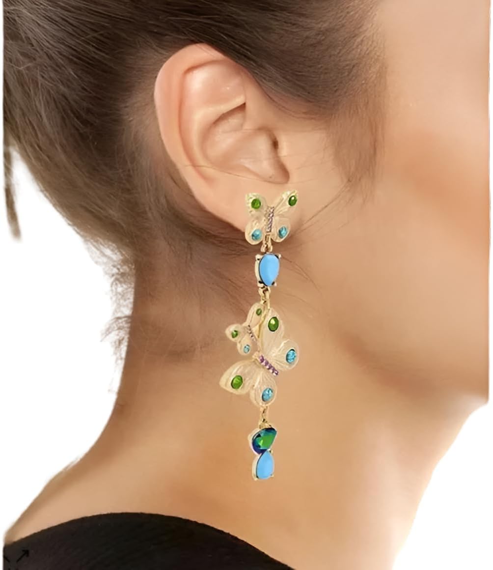 Betsey Johnson Women's Gold Butterfly Drop Earrings, Crystal Accents, Blue and Green Gemstones, Dangle Statement Design
