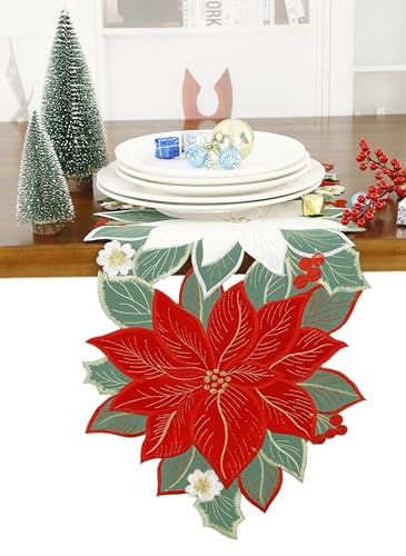 GRANDDECO Christmas Holiday Table Runner for Farmhouse Parties Embroidered Red Christmas Flower Dresser Scarves Xmas Home Kitchen Dinner Table Decoration (B-Christmas, 13X36)