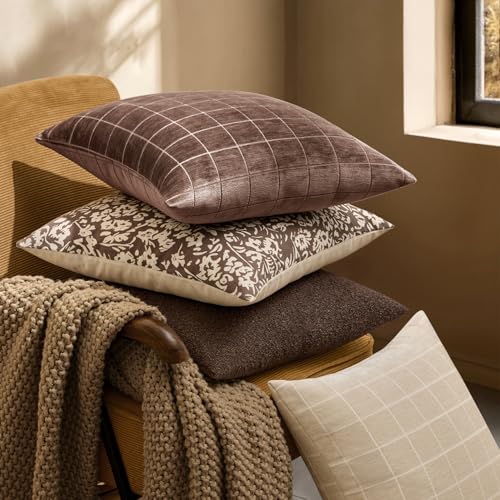 Image of MIULEE Reddish Brown Plaid Fall Decor Throw Pillow Covers 20x20 Set of 2 | Vintage Check Chenille Couch Pillows Boho Farmhouse Cushion Covers Modern Fall Home Decor for Sofa Bed Living Room