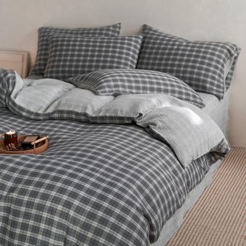 Image of EAVD Vintage Grey Buffalo Plaid Duvet Cover Twin Soft 100% Cotton Muslin Retro Black White Grid Checkered Bedding Set with 2 Pillowcases Reversible Gingham Duvet Cover with Zipper